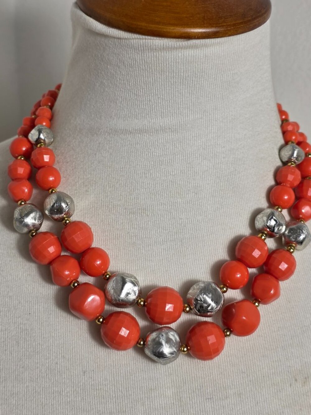 Double-Strand Chunky Statement Necklace Vibrant Orange & Silver Metallic Beads